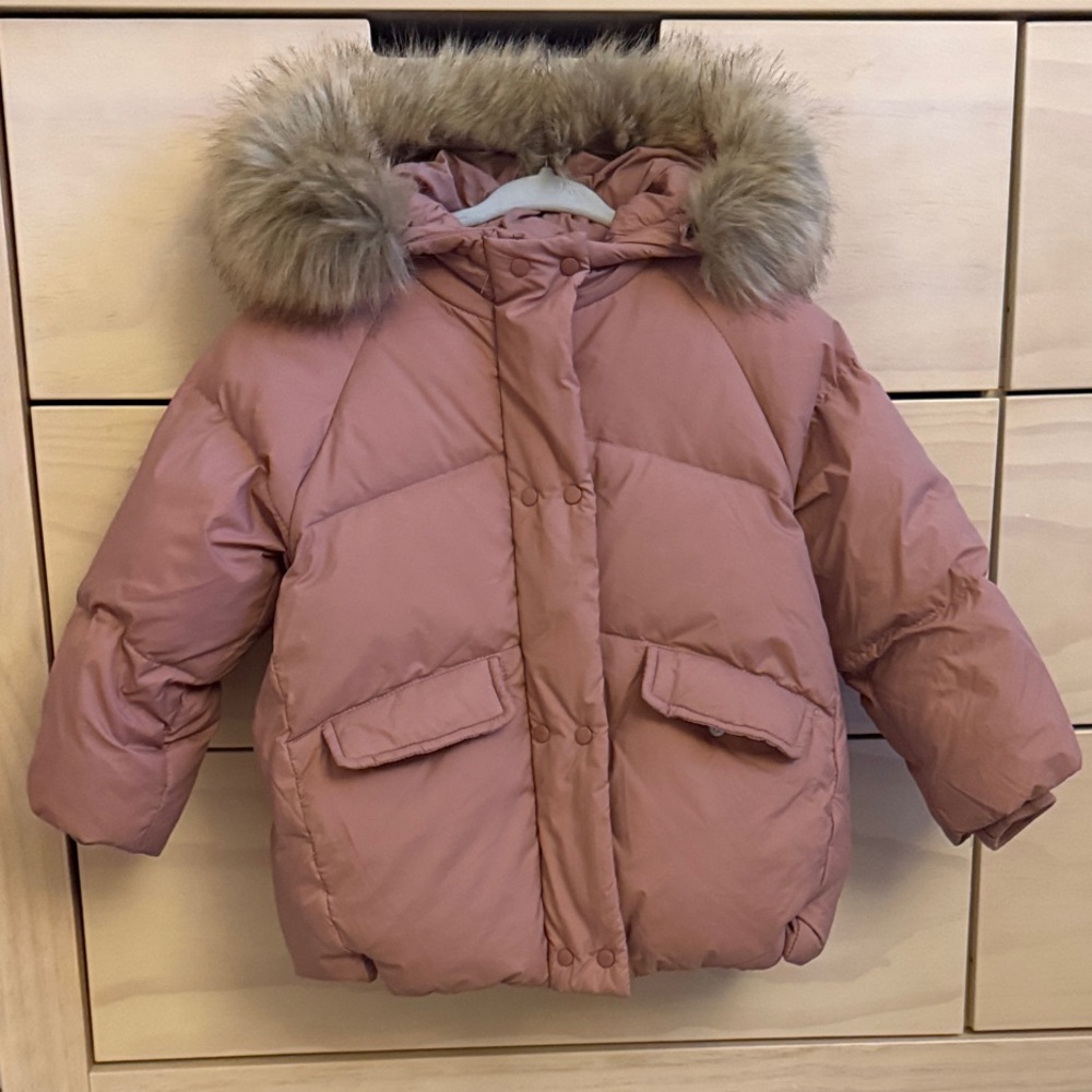 Zara Dusty Pink Puffer Jacket with Detachable Faux Fur Hood